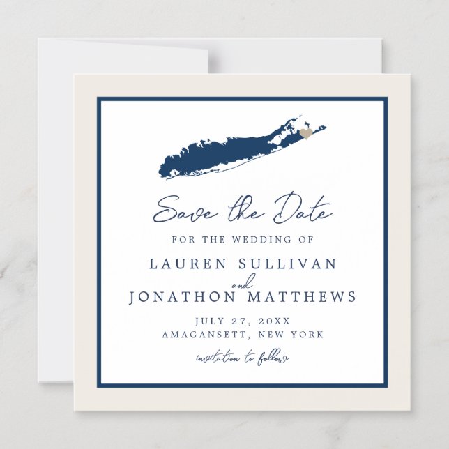 Cream and Navy Long Island NY Map Save the Date Ma Magnetic Invitation (Front)