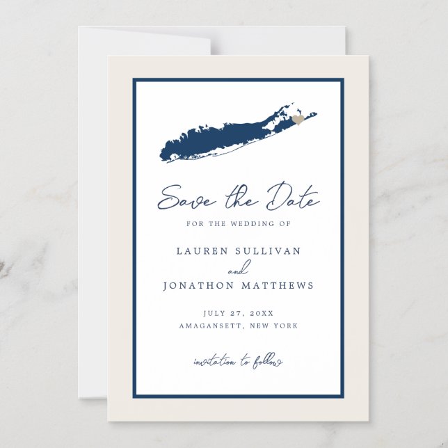 Cream and Navy Long Island NY Map Save the Date Magnetic Invitation (Front)