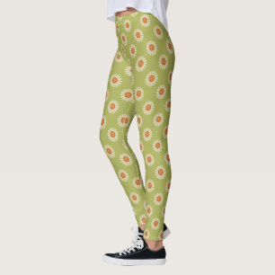 Cream and Orange Daisies on Avocado Green Pattern Leggings