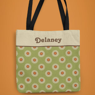 Cream and Orange Daisies on Avocado Green Pattern Tote Bag