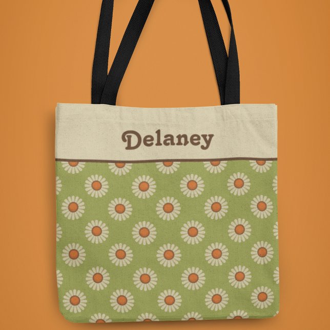 Cream and Orange Daisies on Avocado Green Pattern Tote Bag (Creator Uploaded)