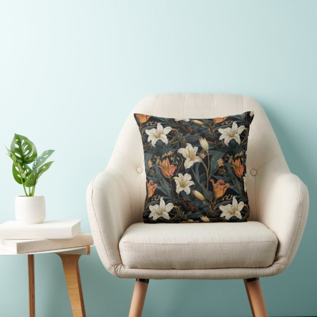 Cream and Orange Dayliies Floral Cushion (Chair)