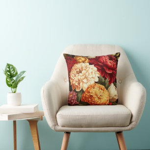 Cream and Orange Peonies and Dahlias Throw Pillow