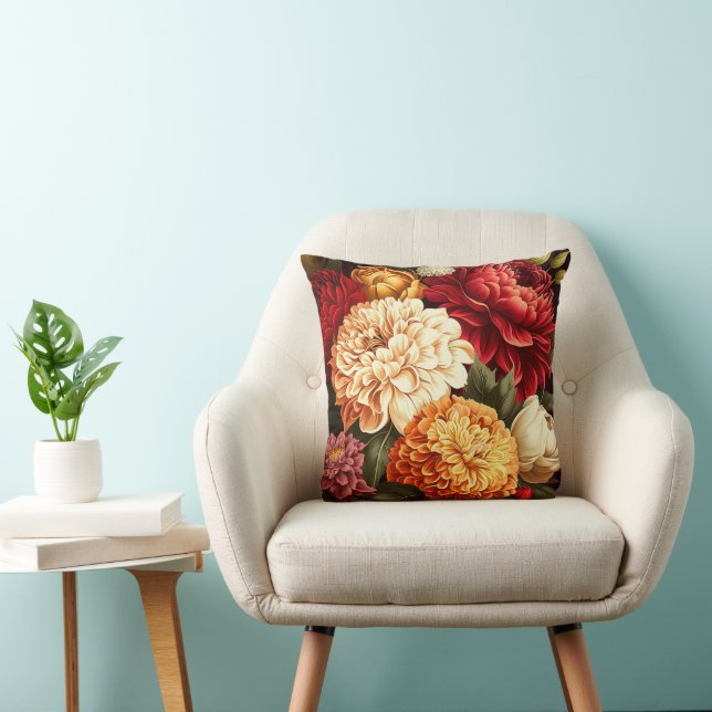 Cream and Orange Peonies and Dahlias Throw Pillow (Chair)