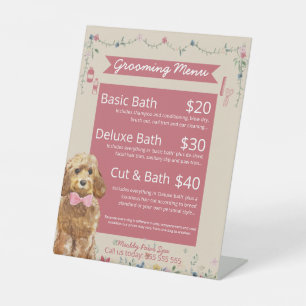 Cream and Pink Floral Dog Grooming Services Menu  Pedestal Sign