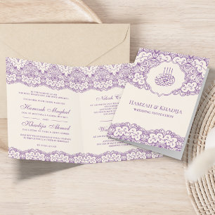 Cream and Purple Lace Islamic Muslim Wedding Invitation
