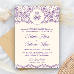 Cream and Purple Lace Islamic Muslim Wedding Invitation
