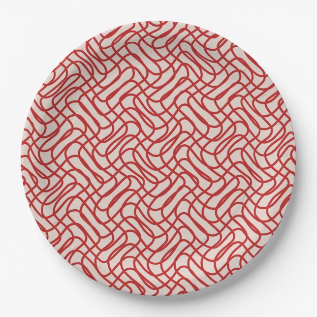 Cream And Red Abstract Line Pattern Paper Plate (Front)