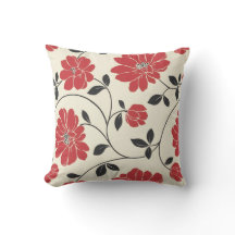 Cream and Red Botanical Floral Accent Pillow