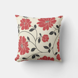 Cream and Red Botanical Floral Accent Pillow
