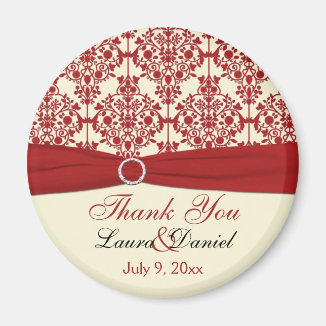 Cream and Red Damask Thank You Magnet (Front)