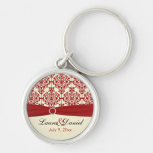 Cream and Red Damask Wedding Keepsake Keychain