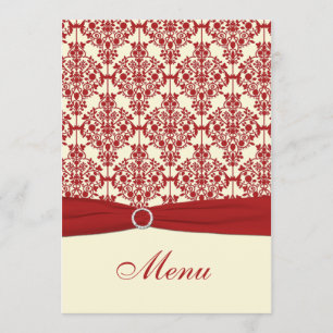 Cream and Red Damask Wedding Menu Card
