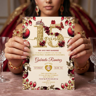 Cream and Red Golden Mis Quince 15 Quinceañera Invitation