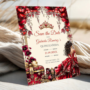 Cream and Red Golden Tiara Floral Quinceañera Save The Date