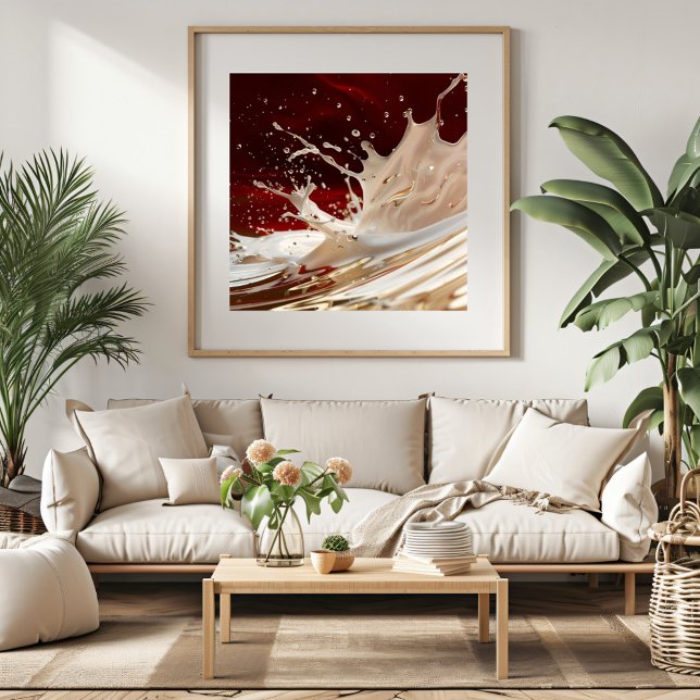 Cream and Red Splash Fluid Art Poster (Add a bold statement to your home with this stunning red and beige abstract artwork.)
