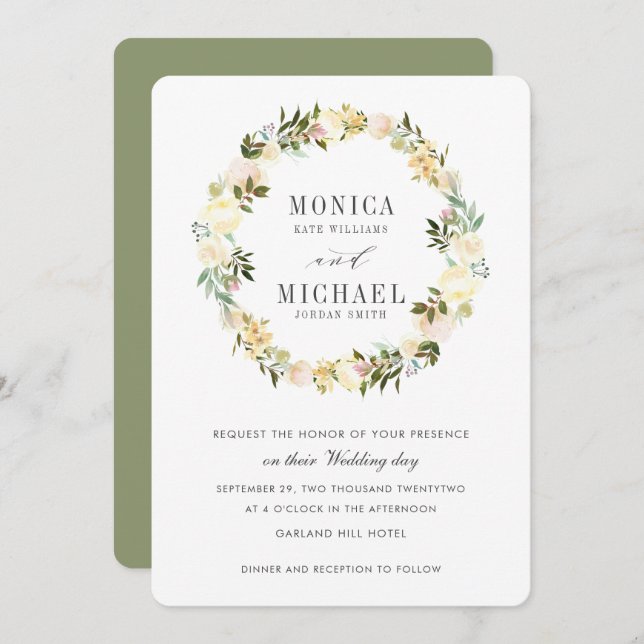Cream and Sage | Botanical Floral Wreath Wedding Invitation (Front/Back)