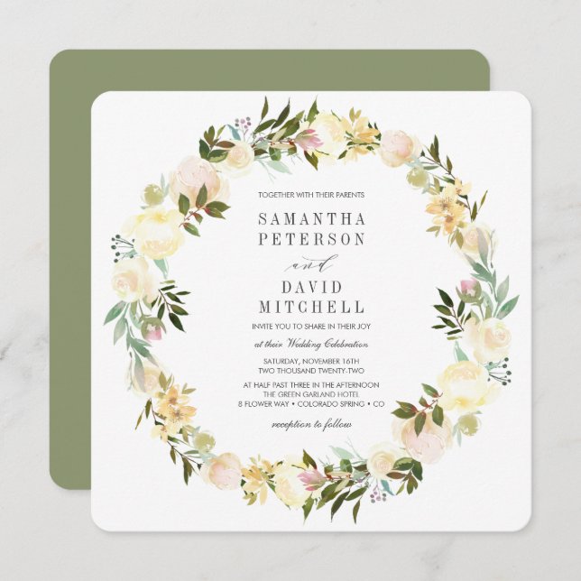 Cream and Sage | Botanical Garland Floral Wedding Invitation (Front/Back)