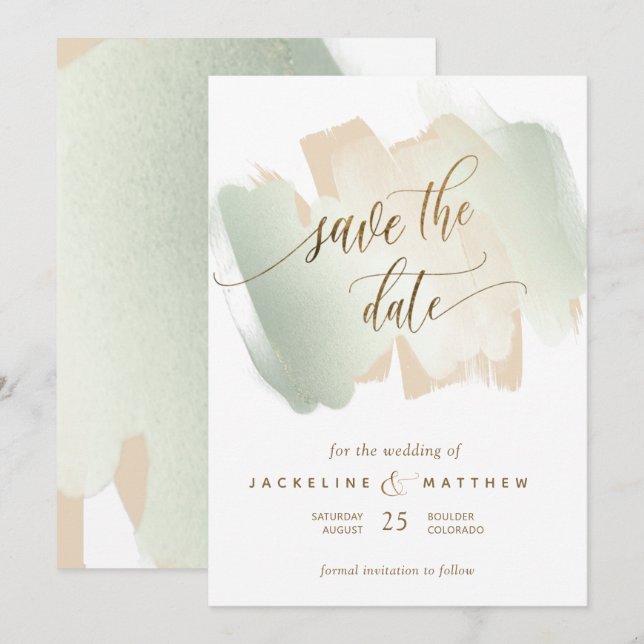 Cream and Sage Brush Strokes, Minimal Wedding Save The Date (Front/Back)