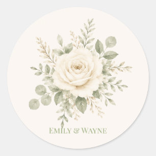 Cream and Sage Green Greenery Wedding Classic Round Sticker