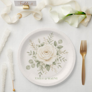 Cream and Sage Green Greenery Wedding Paper Plate