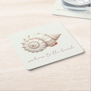 Cream and Tan Coastal Seashell Personalied Square Paper Coaster