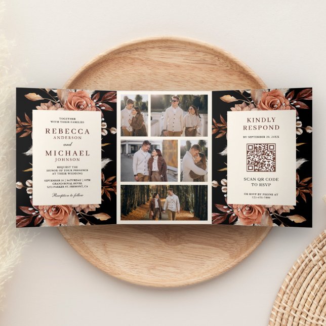 Cream and Terracotta Floral QR Code Black Wedding Tri-Fold Invitation (Creator Uploaded)