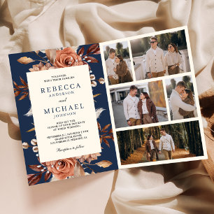Cream and Terracotta Floral QR Code Navy Wedding Invitation