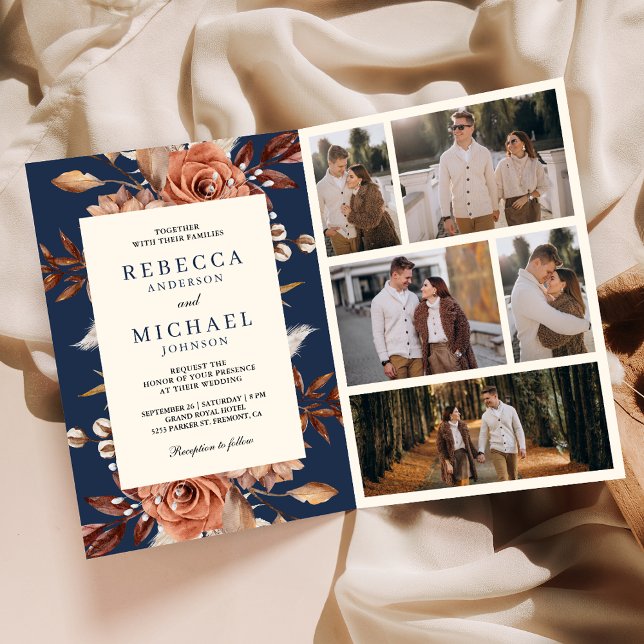 Cream and Terracotta Floral QR Code Navy Wedding Invitation (Creator Uploaded)