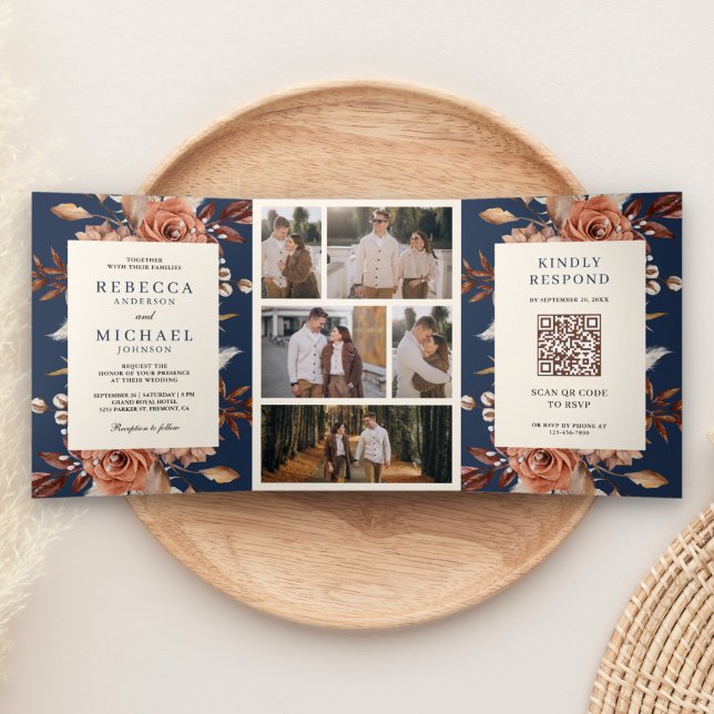 Cream and Terracotta Floral QR Code Navy Wedding Tri-Fold Invitation (Creator Uploaded)