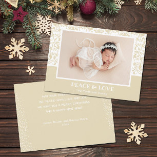 Cream and White Damask Christmas Photo Holiday Card
