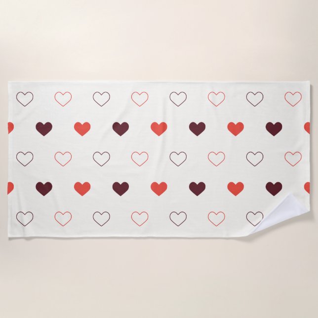 Cream Background with Red & Burgundy Hearts Beach Towel (Front)