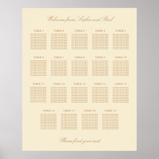 Cream Beige 19 Table Wedding Seating Chart Poster (Front)