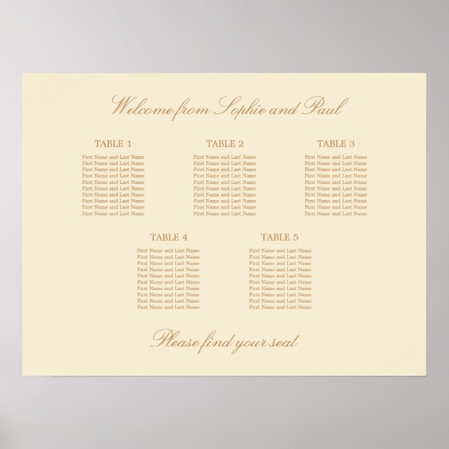 Cream Beige 5 Table Wedding Seating Chart Poster (Front)