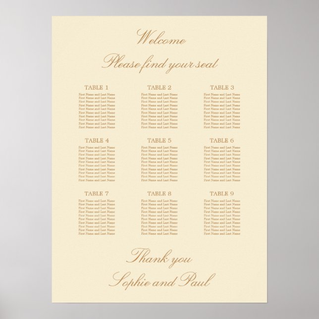 Cream Beige 9 Table Wedding Seating Chart Poster (Front)