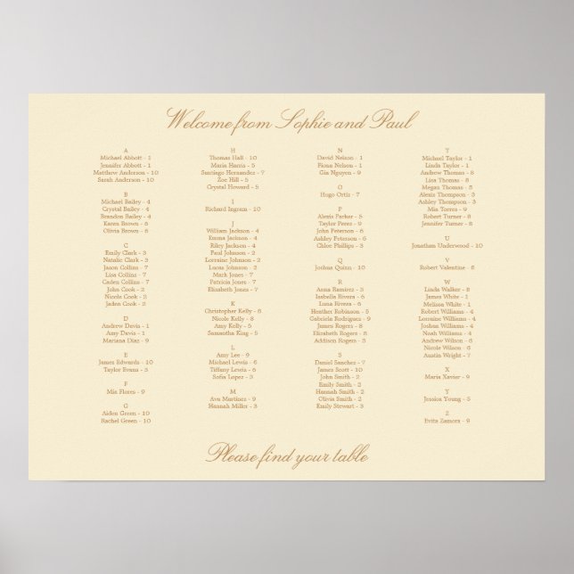 Cream Beige Alphabetical Seating Chart Poster (Front)