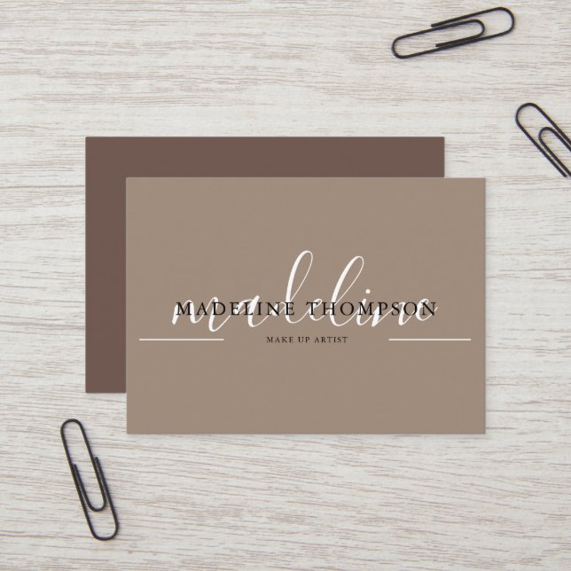 Cream Beige and Brown Calligraphy Script QR code Business Card (Front/Back In Situ)