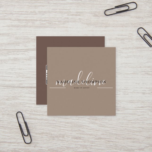 Cream Beige and Brown Calligraphy Script QR code Square Business Card (Front/Back In Situ)