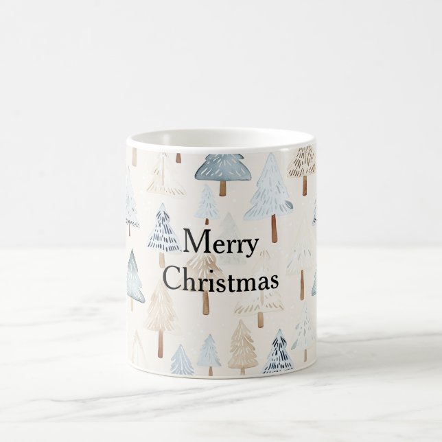 Cream Beige Blue Christmas Trees Coffee Mug (Center)