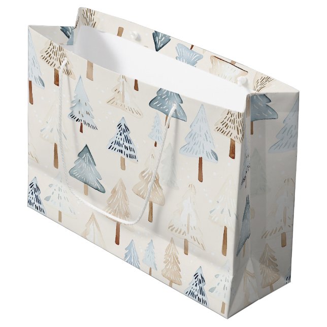 Cream Beige Blue Christmas Trees Large Gift Bag (Front Angled)