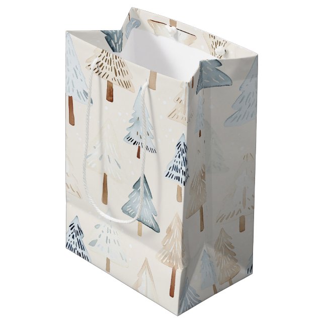 Cream Beige Blue Christmas Trees Medium Gift Bag (Front Angled)