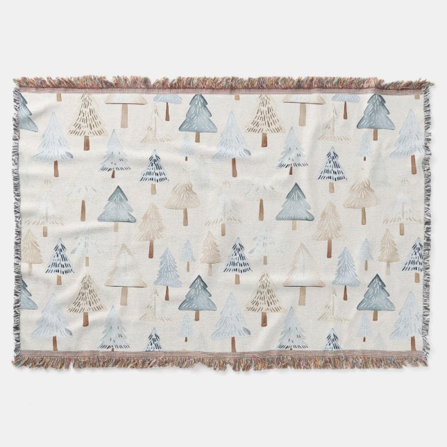 Cream Beige Blue Christmas Trees Throw Blanket (Front)