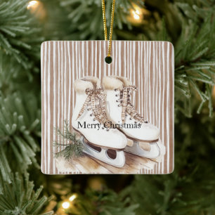 Cream Beige Ice Skates Christmas Ceramic Ornament