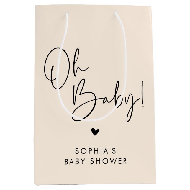 Cream Beige Oh Baby Modern Boho Baby Shower Medium Gift Bag (Front)