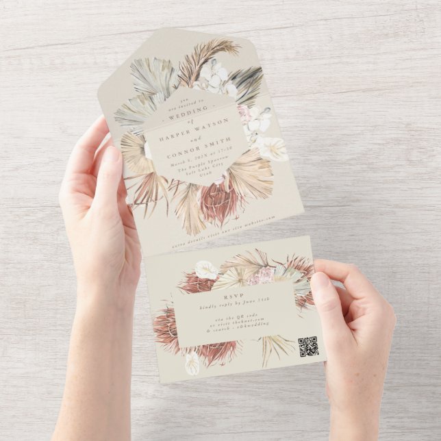 Cream Beige Pampas Dried Grass QR CODE Wedding All In One Invitation (Tearaway)