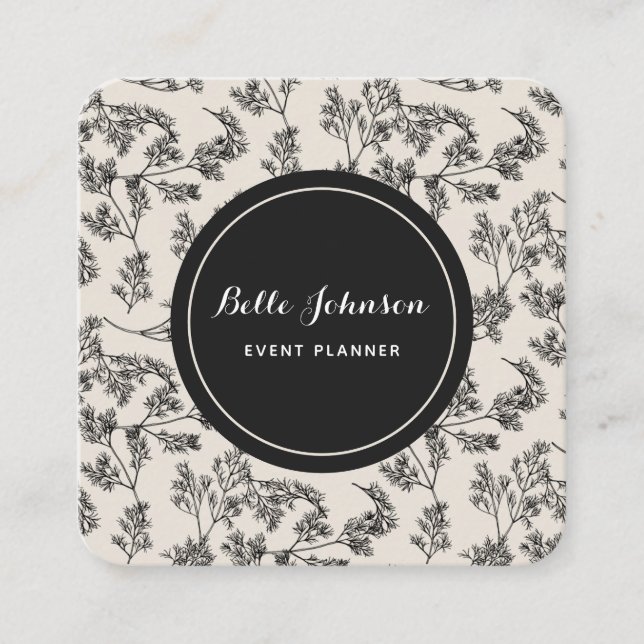 Cream & Black Botanical Floral Pattern Hand Drawn Square Business Card (Front)