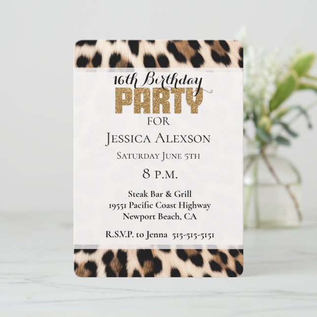 Cream Black Brown Leopard Gold Glitter Party Invitation (Standing Front)