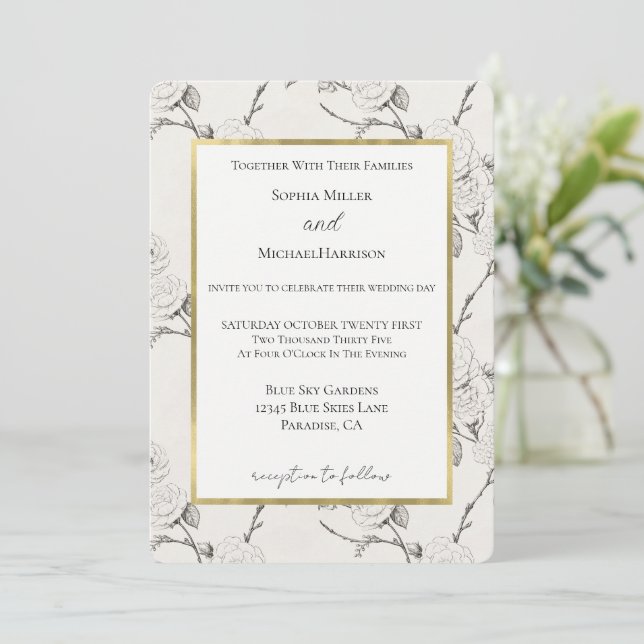 Cream Black Fall Flowers Wedding Invitation (Standing Front)