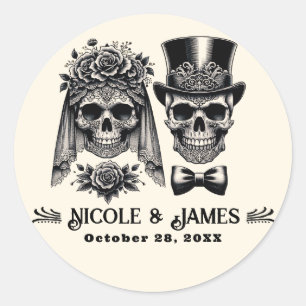 Cream Black & Gold Vintage Skeleton Wedding  Classic Round Sticker