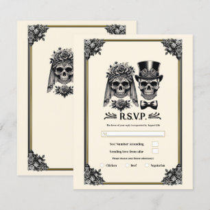 Cream Black & Gold Vintage Skeleton Wedding RSVP Invitation